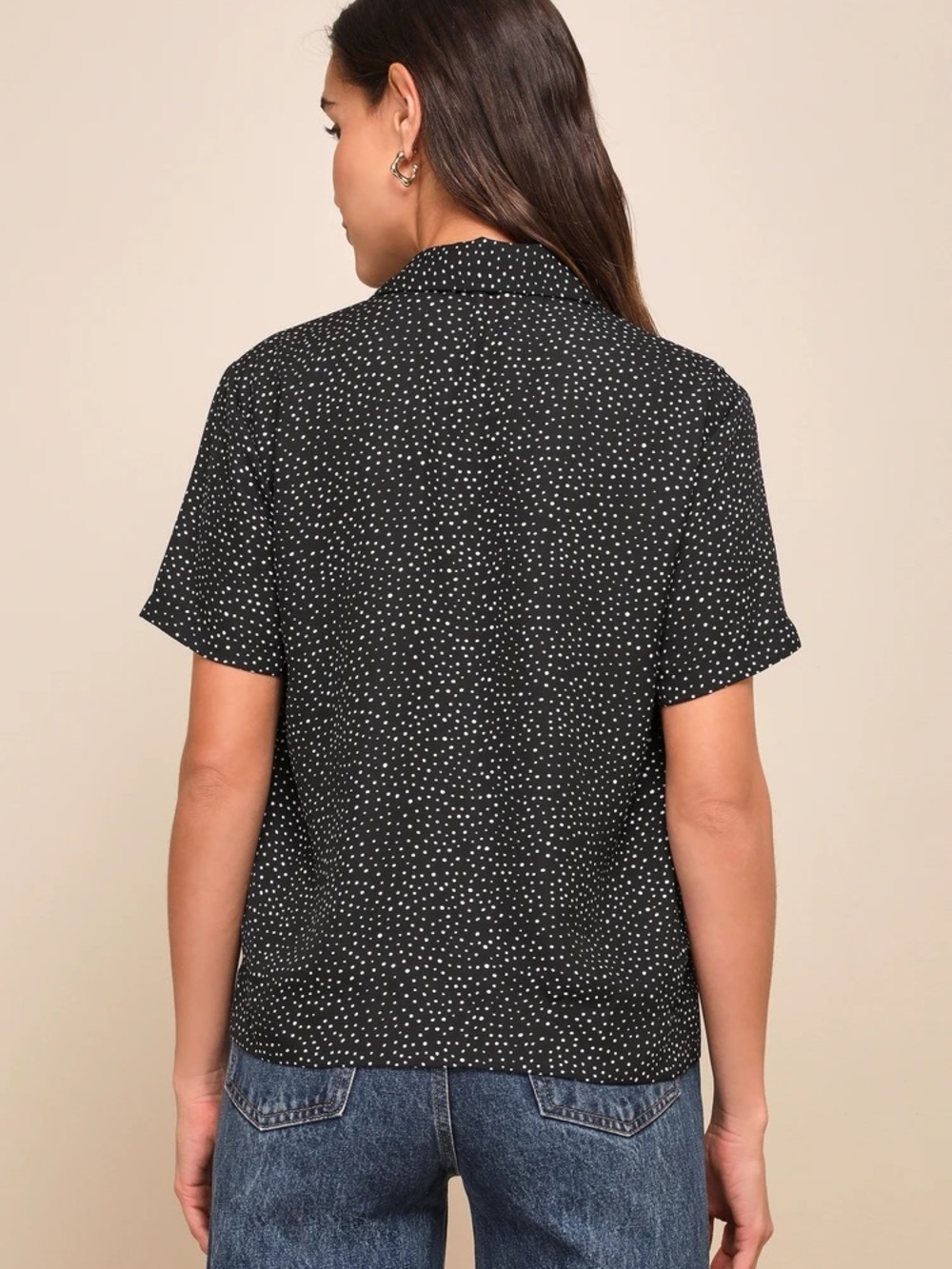 Lulu's Black Short-Sleeve Button Down with White Polka Dots - Picture 3 of 8
